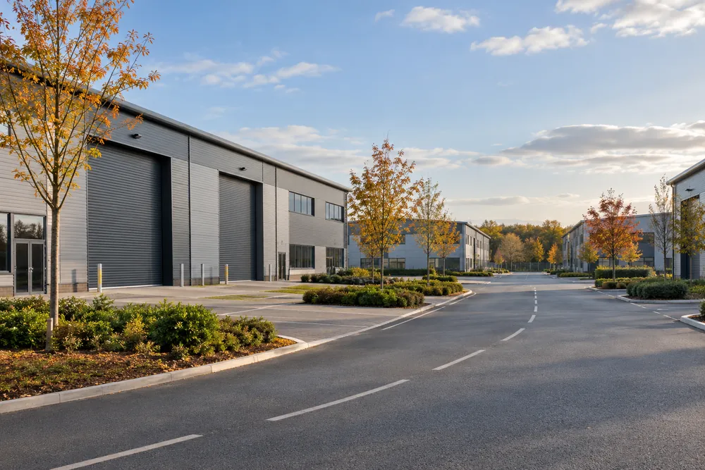 Commercial units and planted verges beside a broad business park access road