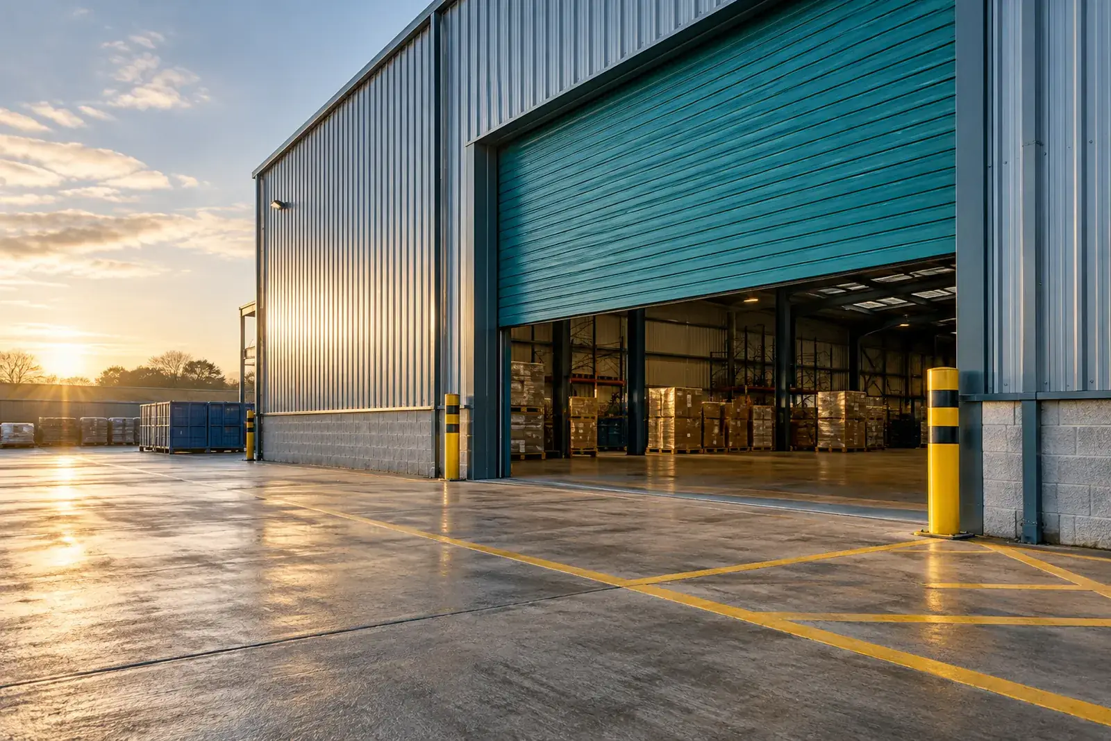 Partly raised teal roller shutter on a grey industrial warehouse beside a marked loading yard