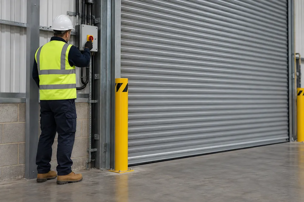 Engineer inspecting a control enclosure beside an industrial shutter