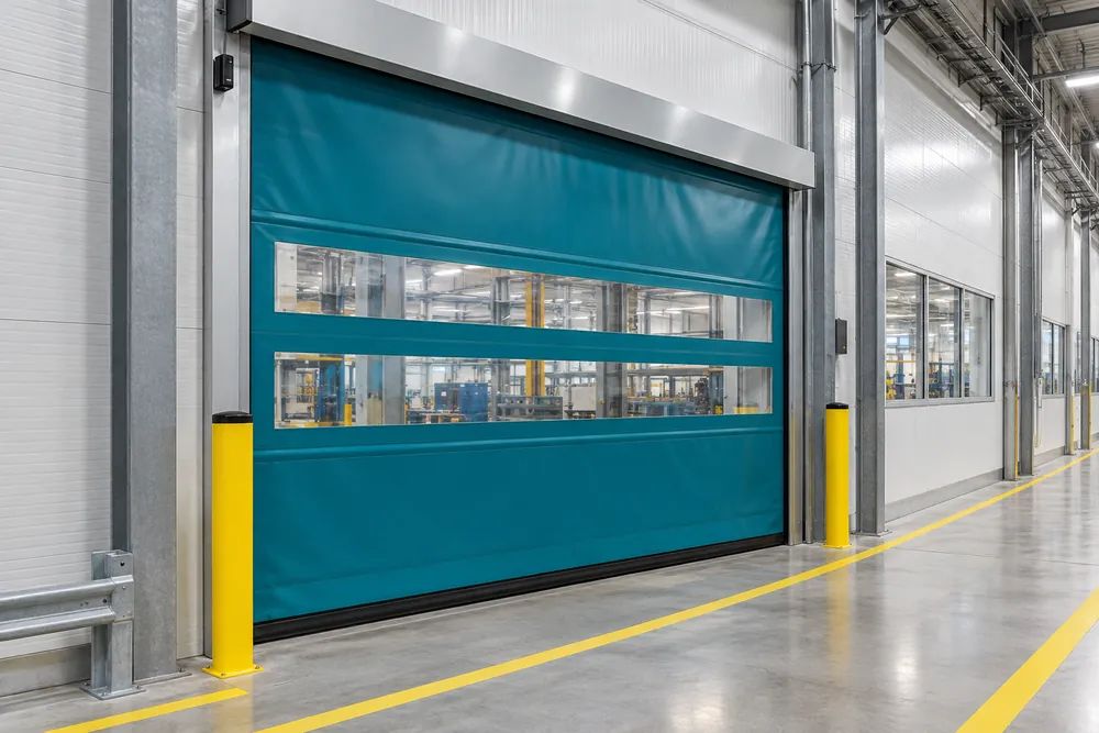 Teal high-speed fabric door with vision panels on a marked warehouse route